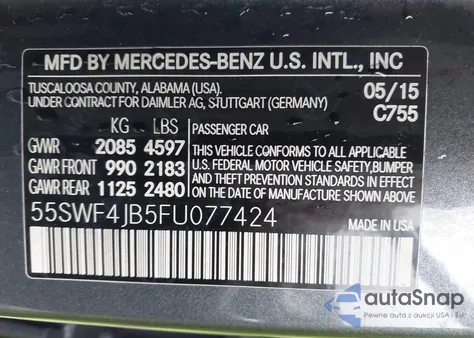 2015 Mercedes-Benz C 300 Sport из США, поврежденный, VIN 55SWF4JB5FU077424